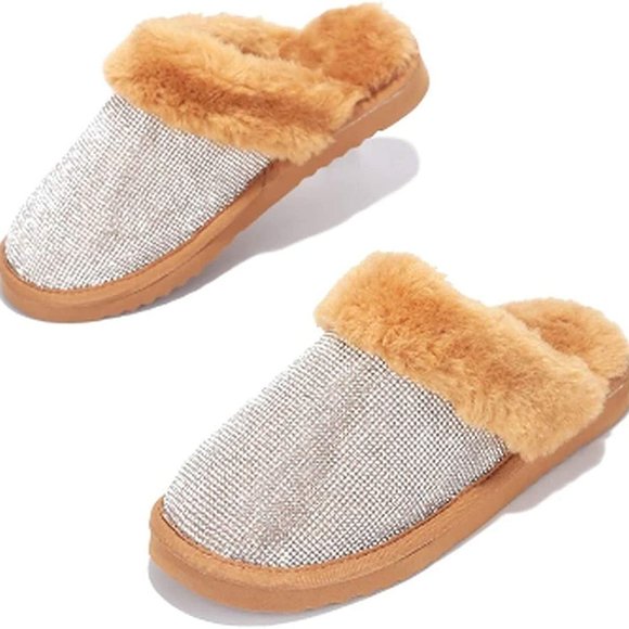 Brand New Tan & Silver Crystal Faux Fur Lounge Slippers - Picture 1 of 4